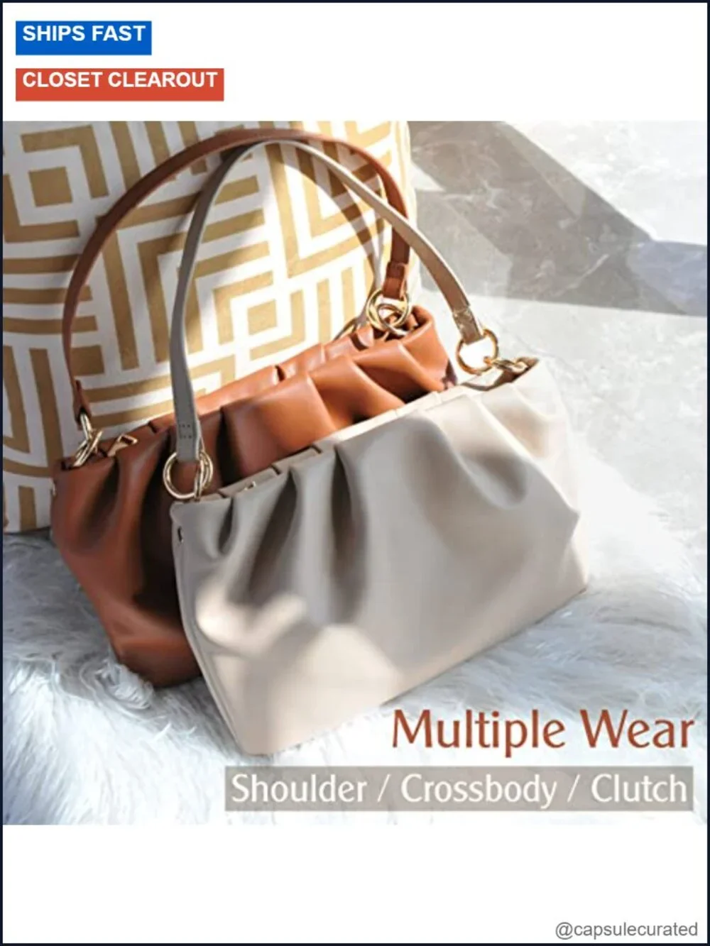 Ruched Hobo Shoulder Bag Cloud Pouch Convertible Clutch Soft Vegan Leather
